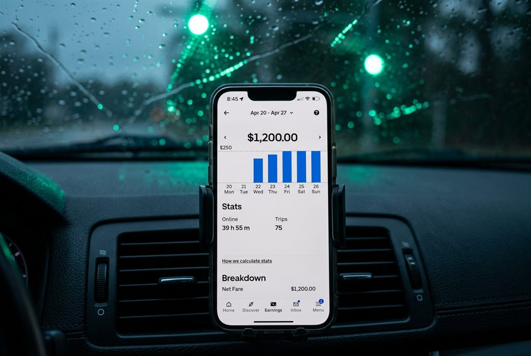 A phone mounted on a car dash showing $1,204 in weekly delivery earnings